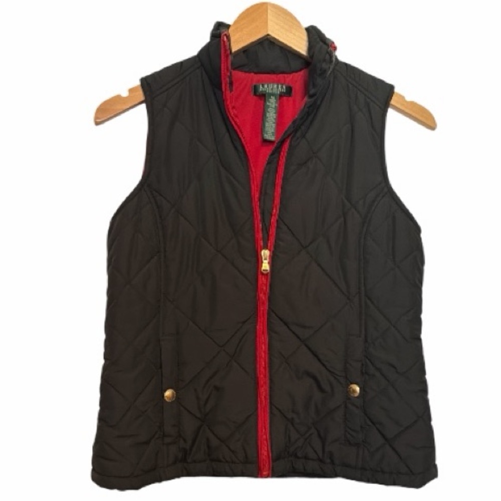 Ralph Lauren Women's Black Quilted Vest Red Lining Petite Small
